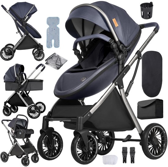 Deluxe 3-in-1 Kinderwagen – Volledig Reissysteem met Wieg & Autostoel – Veilig en Comfortabel - Donkerblauw van Merkloos