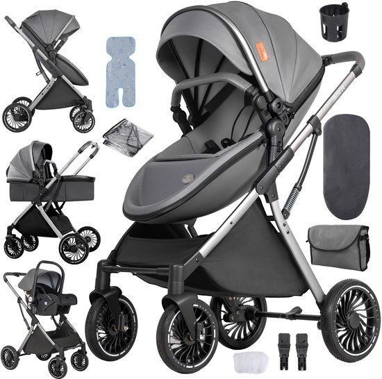 Deluxe 3-in-1 Kinderwagen – Volledig Reissysteem met Wieg & Autostoel – Veilig en Comfortabel - Grijs van Merkloos