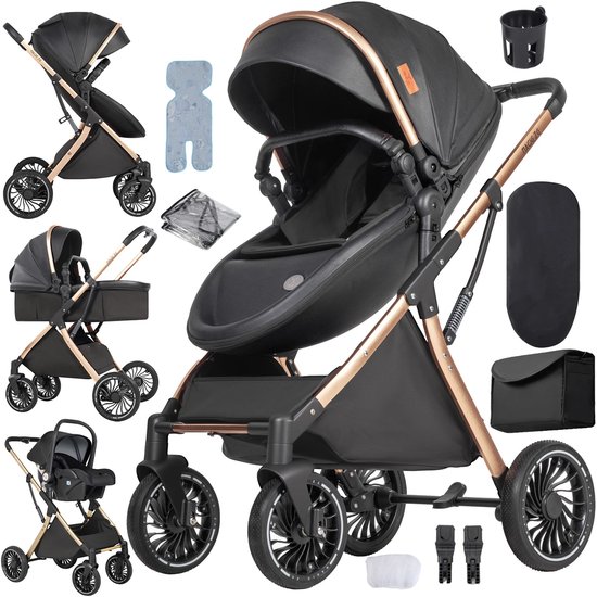 Deluxe 3-in-1 Kinderwagen – Volledig Reissysteem met Wieg & Autostoel – Veilig en Comfortabel - Zwartgoud van Merkloos