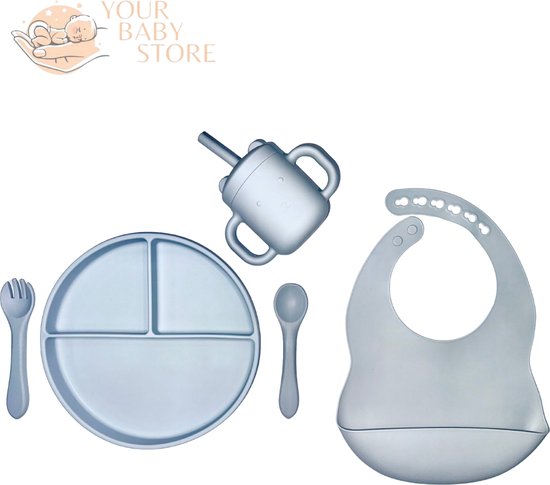 Deluxe BabyHap set - 3 delig bord - bestek - slab met opvangbakje - drinkbeker - Babyblauw - siliconen - YOURBABYSTORE van Deluxe