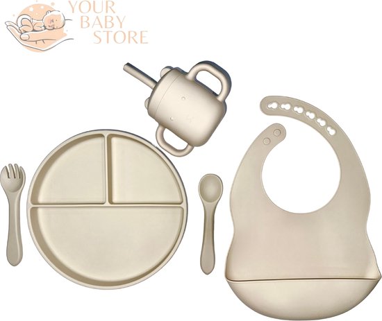 Deluxe BabyHap set - 3 delig bord - bestek - slab met opvangbakje - drinkbeker - Beige - siliconen - YOURBABYSTORE van Deluxe