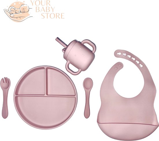Deluxe BabyHap set - 3 delig bord - bestek - slab met opvangbakje - drinkbeker - Roze - siliconen - YOURBABYSTORE van Deluxe