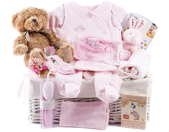 Deluxe Rieten Geschenkmand voor Baby Meisje met Roze Accessoires van Merkloos