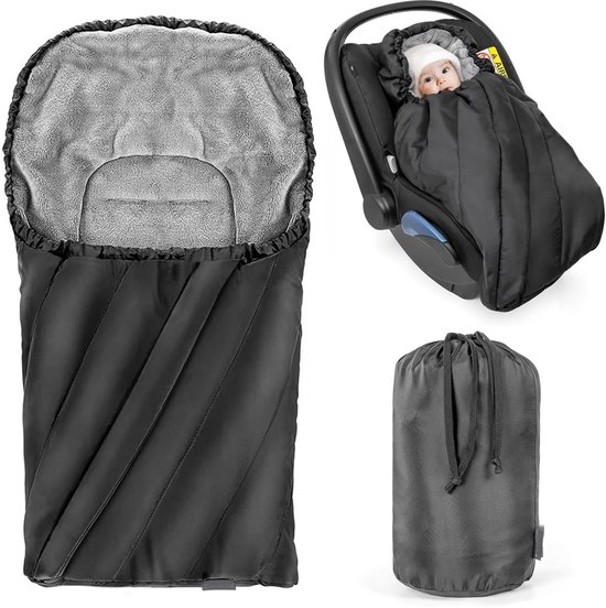 Deluxe voetenzak voor babyschaal (geschikt voor Maxi-Cosi, Cybex, Kiddy) - baby winter-voetenzak gemaakt van zachte thermo-fleece met riemgleuven, capuchon en zak - zwart grijs