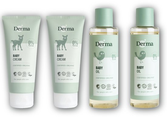 Derma Eco Baby Voordeelset - 2x Babyolie 150 ml + 2x Baby Crème 100 ml - Vitamine E - Aloë Vera - Parfumvrij, Kleurstofvrij - Hypoallergeen - Voor Gevoelige Babyhuid van Merkloos