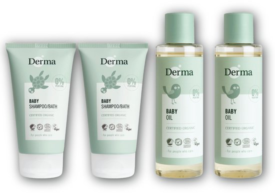 Derma Eco Baby Voordeelset - 2x Shampoo en Bad 150 ml en 2x Babyolie 150 ml - Traanvrije Reiniging en Verzorgende Babyolie - Voor Gevoelige Babyhuid - Parfumvrij