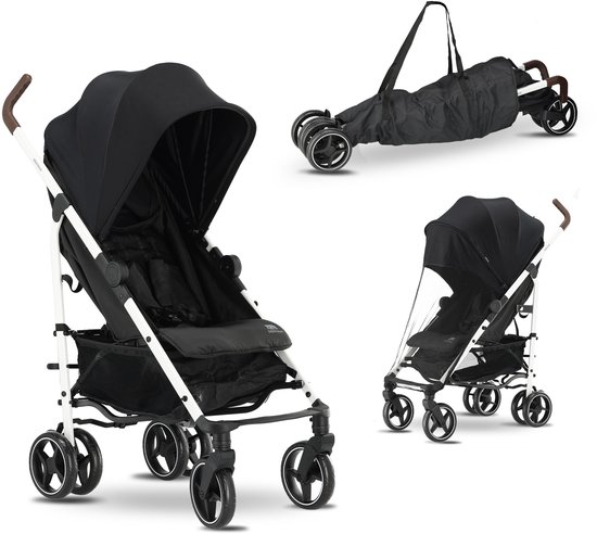 Deryan Bobbie Buggy - Paraplu Buggy - 5-Punts Gordel - Draagtas - Geschikt voor Kinderen tot 22 kg - Verstelbare rugleuning - Zwart - Wit Frame van Merkloos