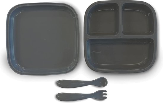 Deryan Quuby Plate Set Siliconen bord met lepeltjes - Babybord - kinderservies set Grijs van Deryan