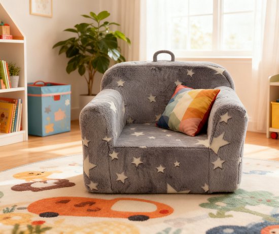 DESMIU Kinderfauteuil 64 x 49 x 49 cm - Met Armleuningen, Draaggreep En Afneembare Hoes - Voor Kinderkamer En Speelhoek - Stof Grijs Met Sterren van DESMIU