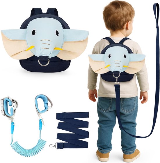 Deze 3-in-1 anti-verliesrugzak met olifantenprint heeft een veiligheidsriem, een anti-verliesarmband en een anti-verliesarmband met sleutel en slot. Geschikt voor kinderen van 1 tot 5 jaar, perfect voor uitstapjes en reizen. Blauw. van Merkloos