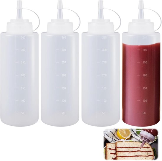 Deze vierdelige set sausflessen bevat knijpflesjes van 360 ml, kruidenflesjes en transparante, zachte plastic flesjes, geschikt voor sauzen, mosterd, ketchup, mayonaise, olijfolie, enz. van Merkloos