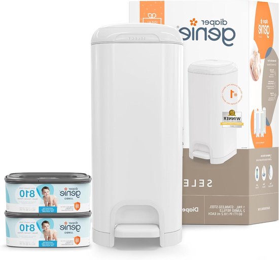 Diaper Genie Select Pail Registry Gift Set (White) | Made of Durable Stainless Steel Metal | Includes 2 Jumbo Refills | Holds 1620 Newborn Diapers