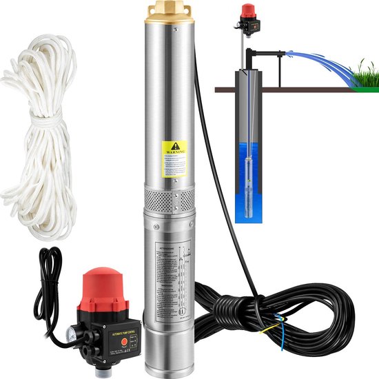 Diepe Bronpomp - Stroom 105L/min - 750W - 50Hz - IP68 - Maximale Opvoerhoogte van 62 m - met Externe Schakelkast en 20 m Stroomkabel - Terugslagklep en Filter - Voor Regentonnen - Reservoirs - Kanalen - Rivieren van VONROC
