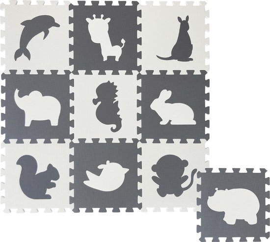 Dieren Foam Puzzel Speelmat - 10 Speelmatten - Uitneembare Figuren - Grijs - Wit - Puzzelmat 90x90x1cm van Toddlekind