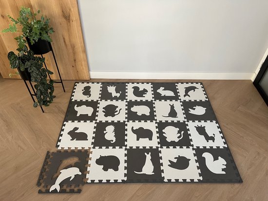 Dieren Foam Puzzel Speelmat Set - 20 Speelmatten - Uitneembare Figuren - Opbergtas - Afwerkranden - Grijs - Wit - Puzzelmat 152x122x1cm van SensDesign