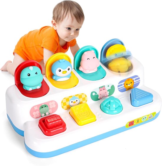 Dieren pop-up speelgoed voor baby's, interactief oorzaak-gevolg speelgoed,sensorisch activiteitenspeelgoed met knoppen, vroegeducatief fijne motoriek speelgoed voor peuters van 1-3 jaar,Montessori verstoppertje speelgoed voor baby's van 6-12 maanden