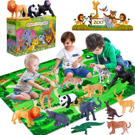 dieren Safari dieren figuren speelgoed, realistische wilde dierentuin dieren beeldjes met speelmat, grote jungle dieren speelset met olifant, giraf, leeuw, tijger, gorilla Panda... voor kinderen peuters, cadeauset van Toy Life