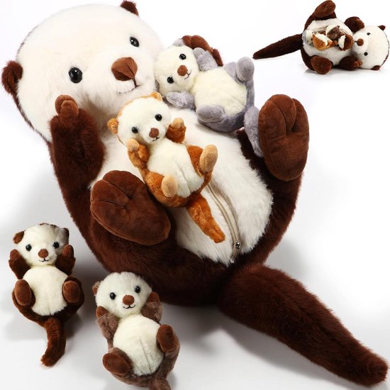 Dieren stofpop set - Otter familie - Fantasie spel - Interactieve ritssluiting - 5-delig 42 cm - Bruin
