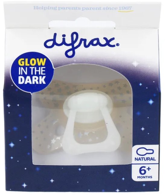 Difrax - Fopspeen Natural 6+ mnd Glow In The Dark - 2 x 1 stuk - Voordeelverpakking