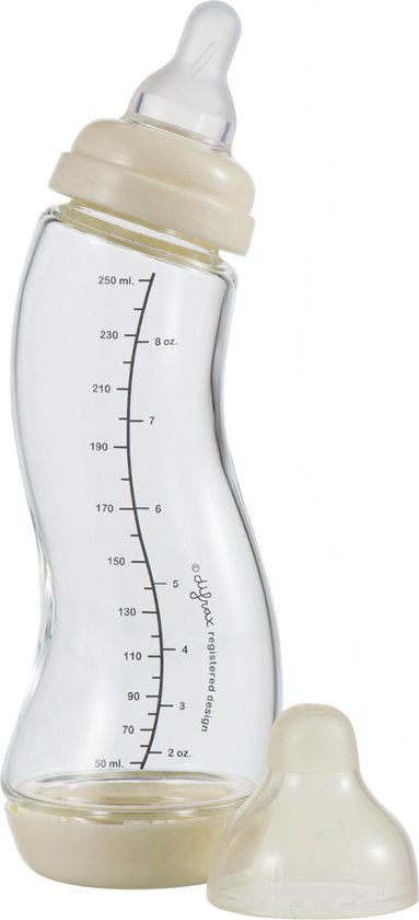 Difrax Glazen Baby S-fles 250 ml Natural - Cremewit - 1 Stuk, Baby fles met Anti-Colic, S-Vorm zorgt voor constante stroom van Difrax