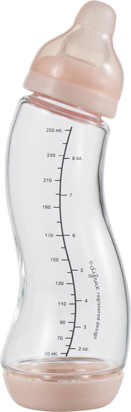 Difrax Glazen Baby S-fles 250 ml Natural - Lichtroze - 1 Stuk, Baby fles met Anti-Colic, S-Vorm zorgt voor constante stroom van Difrax