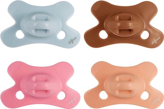 Difrax Natural Fopspeen 0 tot 6 Maanden - Lichtblauw, Grijs, Lichtroze, Bruin - 4 Stuks, Siliconen Speen, Gemakkelijk te Accepteren van Difrax