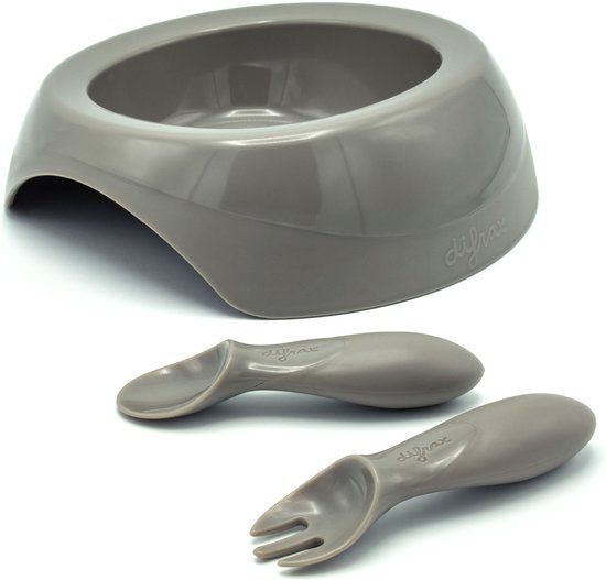 Difrax - Peuterkom en bestekset - Grijs / Clay 6+ maanden - Eetset van Difrax