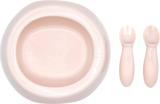 Difrax - Peuterkom en bestekset - Roze / Blossom 6+ maanden - Eetset van Difrax