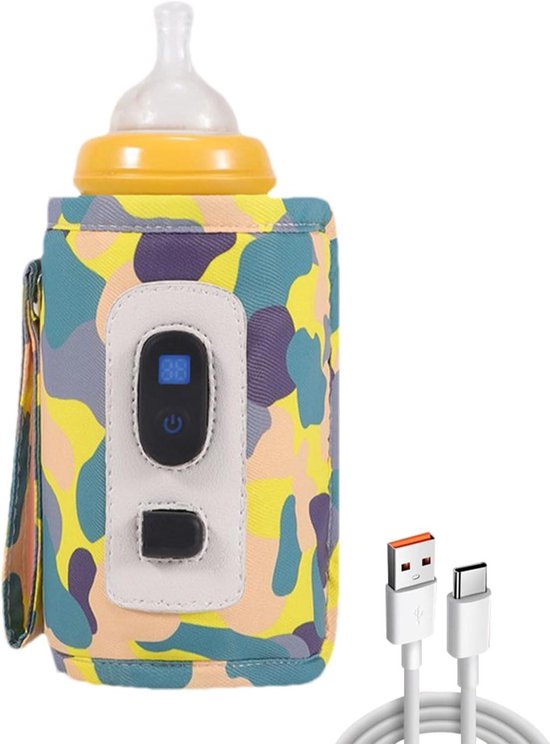Digitale Flessenwarmer - USB Melkverwarmer - Warme Voeding Onderweg - 5-Traps Temperatuurregeling - 15 x 12 x 5 cm - Geel