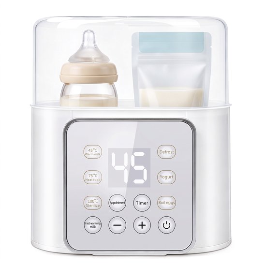 Digitale flessenwarmer voor 2 flessen - 10-in-1 babyflesverwarmer met 100 °C stoomsterilisatie, 24-uurs warmhouden, timer en ontdooien - 220 W - BPA-vrij PP - Wit - Voorkomt droogkoken - Melkbereiding, ontdooien, eieren koken - Voor 2 flessen