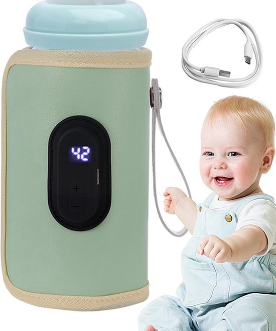 Digitale flessenwarmer voor babyflessen, snel opwarmen, draagbare hoes voor babyflessen, ideaal voor nachtvoedingen en op reis, groen van Merkloos
