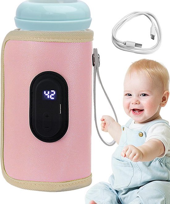 Digitale flessenwarmer voor babyflessen, snel opwarmen, draagbare hoes voor babyflessen, ideaal voor nachtvoedingen en op reis, roze van Merkloos