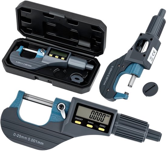 Digitale micrometer met hoge precisie, 0-25 mm/0,001 mm, hardmetalen kop, metrische/imperiale omzetting, professioneel meetgereedschap met lcd-display en etui