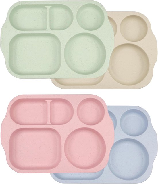 Dinerbord - 4 delige Kinderborden - Onbreekbare Verdeelde Plastic Borden - Met 5 Compartimenten - Geschikt voor Kinderen en Volwassenen van Merkloos