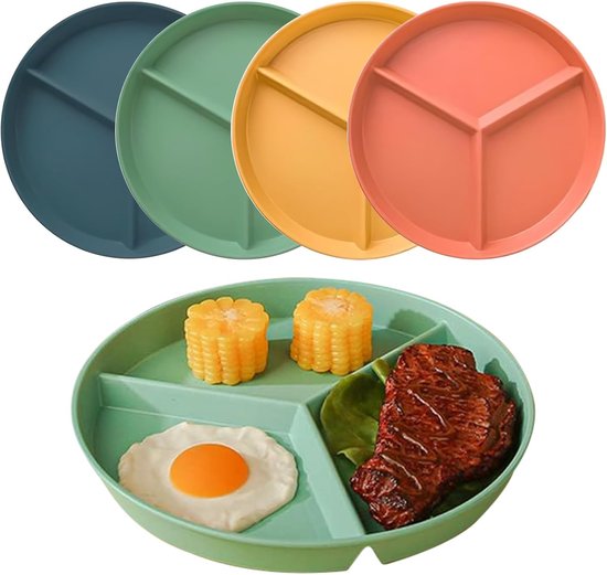 Dinerborden - Set van 4 Gedeelde Platte Borden - 24,5 CM - Portiecontrole - Gedeelde Borden met 3 Onderverdelingen - Aparte Familieborden voor Volwassenen en Kinderen van VYDRAX