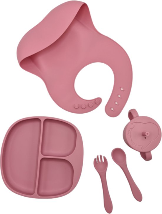 Dinerset - Kinderserviesset - 5 delig kinderserviesset - Siliconen slab met opvangbakje - diner - Bestek - Kinderbestek - kinderservies - kraamcadeau - baby - kind - servies - babyservies - eten - drinken - dinerset - diner - kraampakket - Rose van Little Benefactor