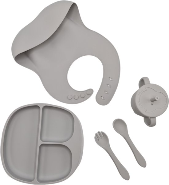 Dinerset - Kinderserviesset - 5 delig kinderserviesset - Siliconen slab met opvangbakje - diner - Kinderbestek - Bestekset - kinderservies - kraamcadeau - baby - kind - servies - babyservies - eten - drinken - dinerset - diner - kraampakket - Grijs van Little Dutch