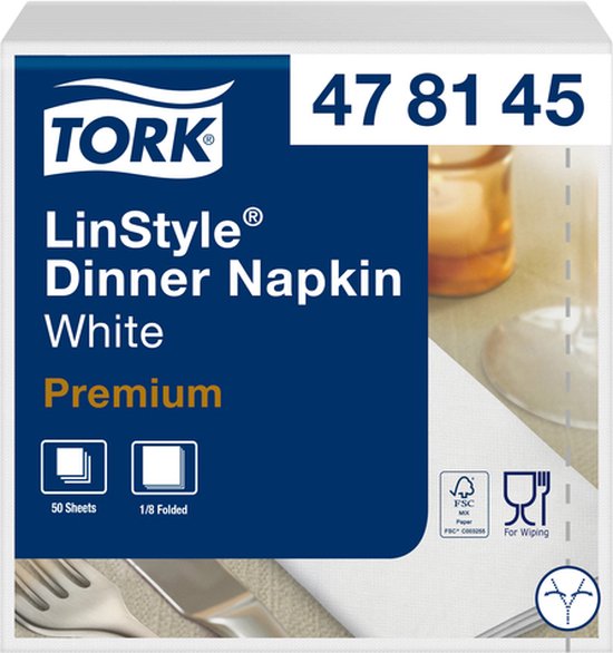 Dinnerservetten Tork Premium LinStyle® 1/8 gevouwen 1-laags 50 st wit 478145 van Tork