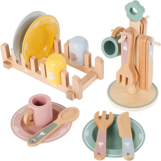 Dinnerware set voor kinderen - speelgoed - tafelgerei - houten vork - lepel - beker - bord - standaard - keuken spellen - kinderpotten - speelgoedset van Merkloos