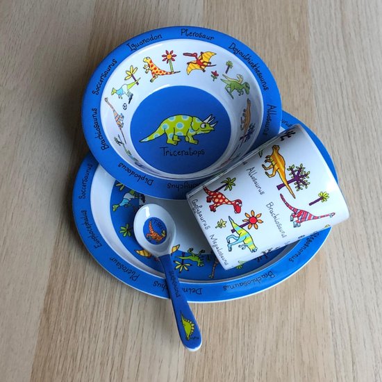 Dino Dinosaurus kinder servies set melamine (bord + kom + beker + lepel) - Tyrrell Katz van Dino.