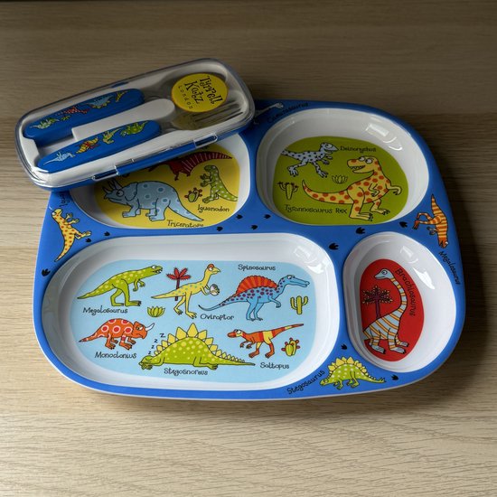 Dino Dinosaurus kinder servies set melamine (vakjesbord met bestek) - Tyrrell Katz van Dino.