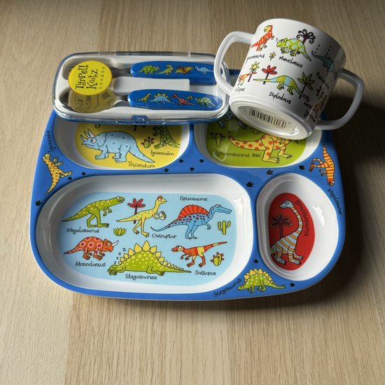 Dino Dinosaurus kinder servies set melamine vakjesbord + trainingsbeker + bestek - Tyrrell Katz van Dino.