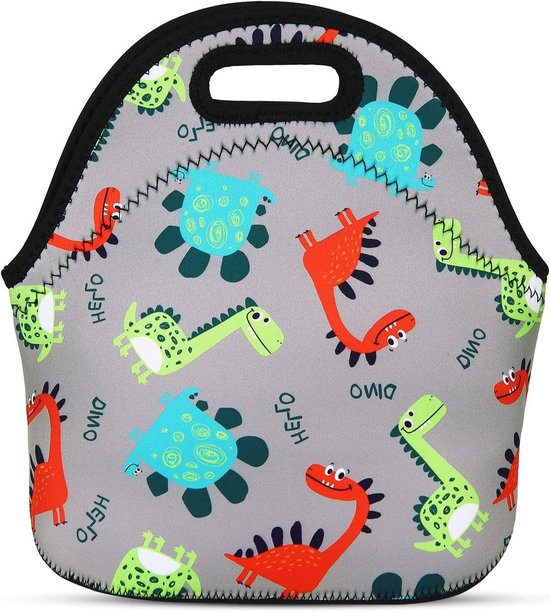 Dinosaurus Lunchtas - Isolerende Tas - Maaltijd Meenemen - Waterdicht Neopreen - 29 x 14 x 28 cm - Grijs