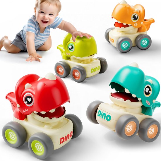 Dinosaurusauto's met drukmechanisme voor peuters van 1-3 jaar - Baby Dinos Raceauto's - Speelauto met fluitje voor baby's - Auto met drukmechanisme