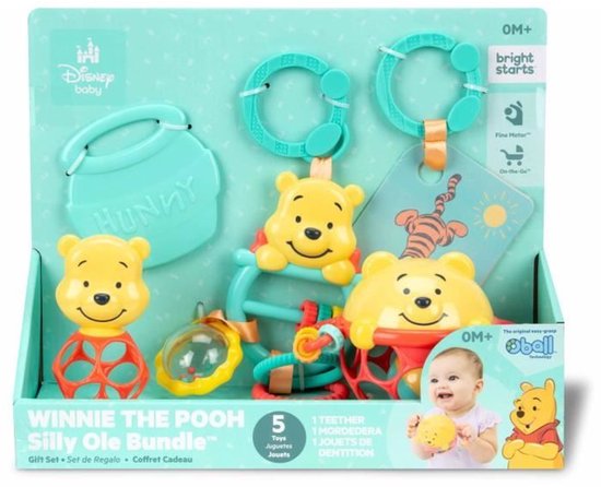 DISNEY BABY - WINNIE - Geboortecadeauset voor baby's - 5 speeltjes, waaronder 1 bijtspeeltje Winnie en O-bal, rammelaar en kinderwagenhanger van Disney