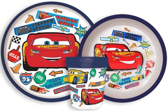Disney Cars Serviesset - Beker 260 ml - Diepe kom - Plat bord - 3 stuks - Go - Antislip eetset - Voor verjaardagen en feestjes - Voor kinderen - Voor jongens