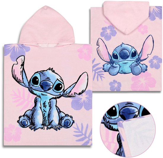 DISNEY Stitch Kinderhanddoek, poncho met capuchon voor meisjes, katoen 50x115 cm OEKO-TEX van Merkloos