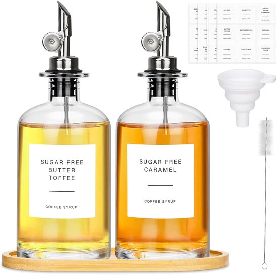 Dispenser Fles,2pcs Oliefles,Azijn en Olieflessen 500ml,Glazen Flessen Oliedispenser met Trechter Sausfles Karaf Olie Olijfolie Tuit,Olijfolie Fles Glas Koffie Siroop Dispenser