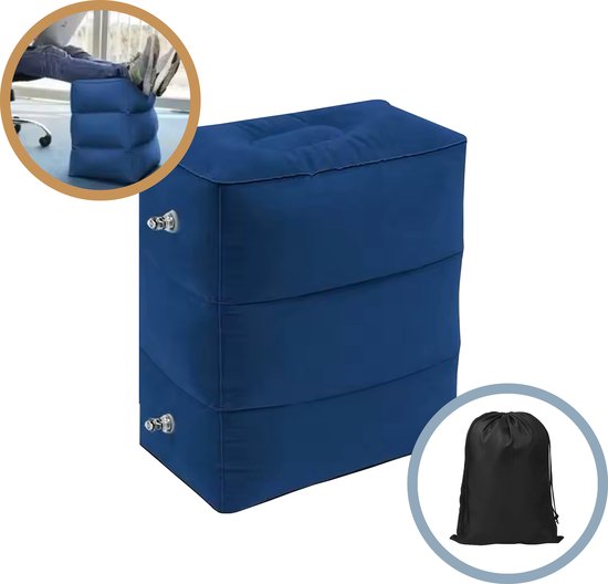 DIVERZA Vliegtuigbedje - Reiskussen - Opblaasbaar - Voetensteun - Voor in het vliegtuig - Trein - Auto - Donker Blauw - Inclusief opbergzak van DIVERZA