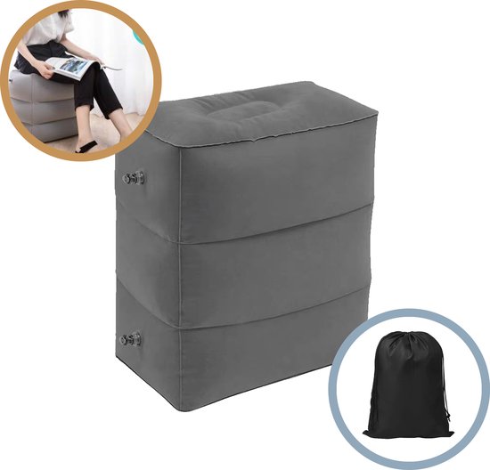 DIVERZA Vliegtuigbedje - Reiskussen - Opblaasbaar - Voetensteun - Voor in het vliegtuig - Trein - Auto - Donker Grijs - Inclusief opbergzak van DIVERZA